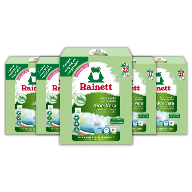 rainett-lessive-poudre-peaux-sensibles-aloe-vera-1-45kg-22-lavages-pack-de-5 image 1