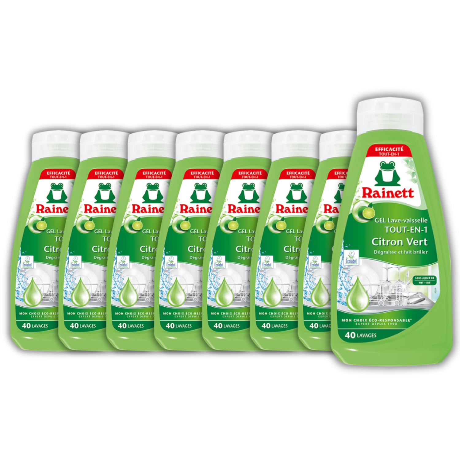 rainett-gel-lave-vaisselle-tout-en-un-citron-vert-650ml-pack-de-8 image 1