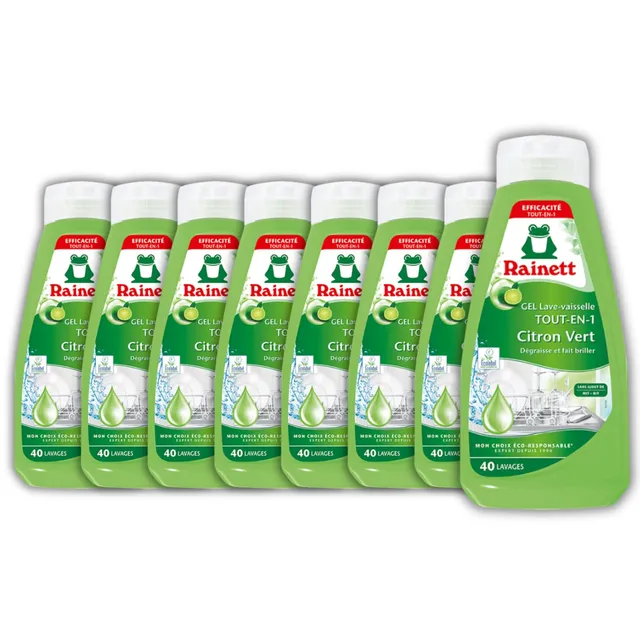 rainett-gel-lave-vaisselle-tout-en-un-citron-vert-650ml-pack-de-8 image 1