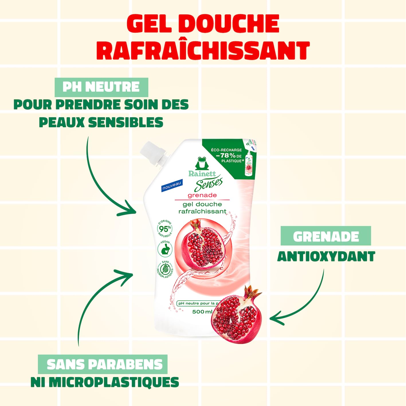 rainett-senses-gel-douche-grenade-co-recharge-500-ml image 1